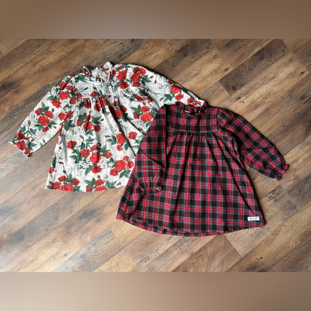 Merce & Me Red and Green Floral Plaid Bundle of 2 Christmas dresses